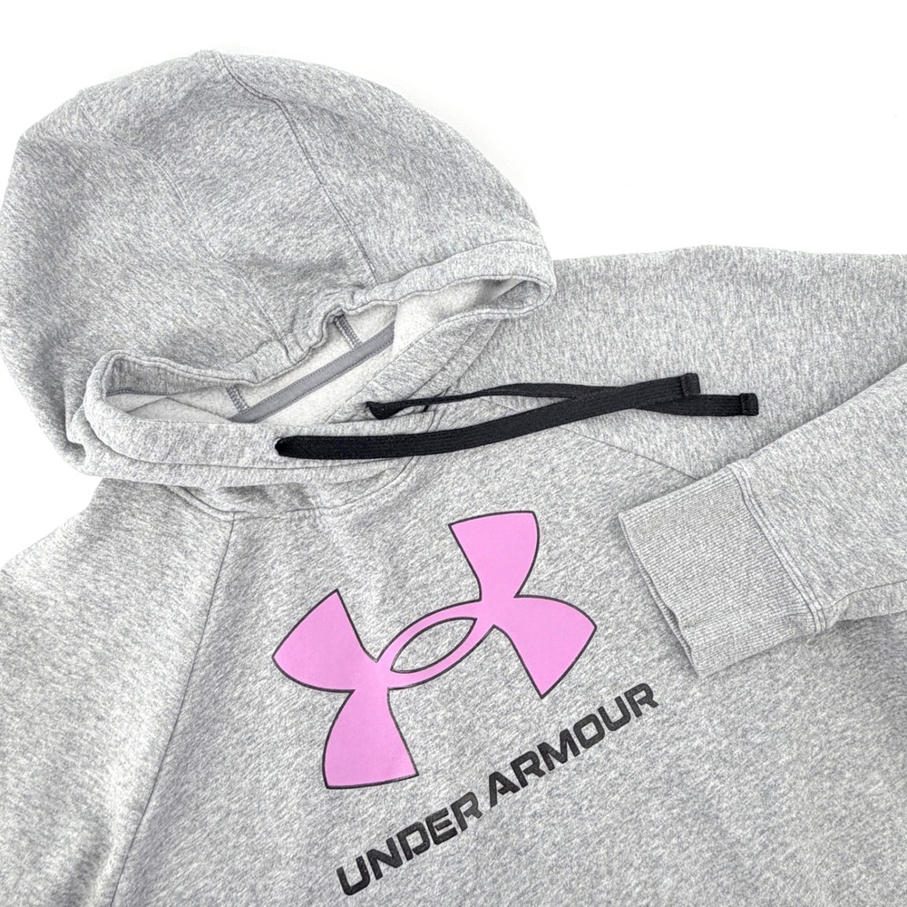 Under Armour Hoodie Womens XL Gray Pink Logo Good Loose Fit Pullover Sweatshirt